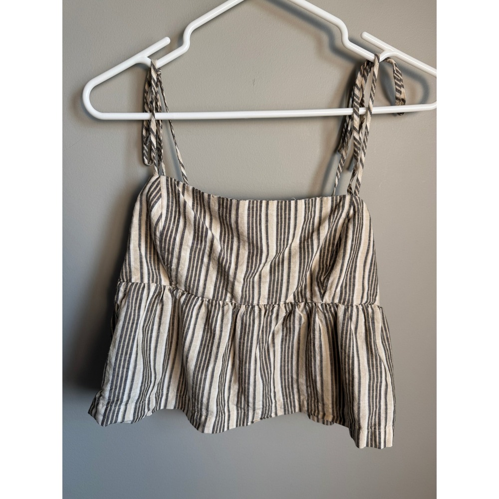 Dynamite Striped Tie Shoulder Peplum Camisole Crop Top Beige Tan S Summer Y2K